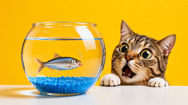 Fish sticking tongue out at curious cat watching through fishbowl