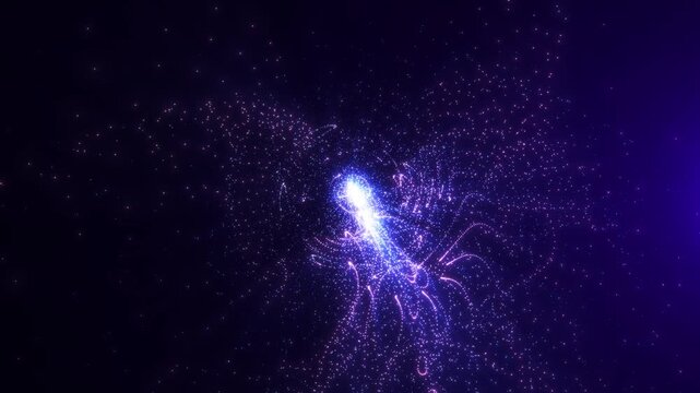 Abstract purple particle vortex with glowing energy streams converging into a radiant core, creating a futuristic cosmic background with dynamic motion, luminous depth, and digital space aesthetics.
