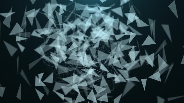 Abstract geometric polygon fragments swirling around a central vortex, creating a futuristic digital technology background with translucent triangles, motion, depth, and network-inspired design.