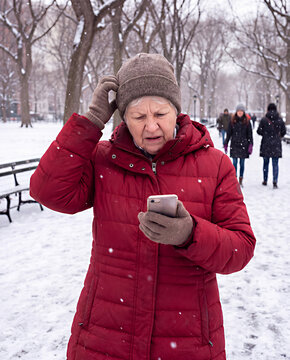 Elderly woman in red puffer jacket and brown beanie looks concerned at her smartphone while scratching her head in confusion in a snowy park with falling snow