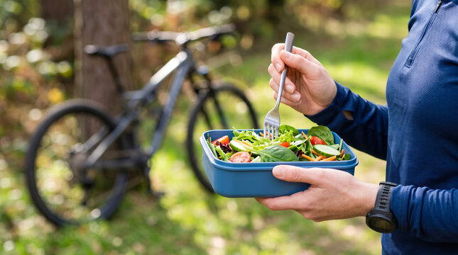 A person holds a bowl of salad with a fork while standing next to a mountain bike. The background shows trees and grass, indicating a park area during daytime