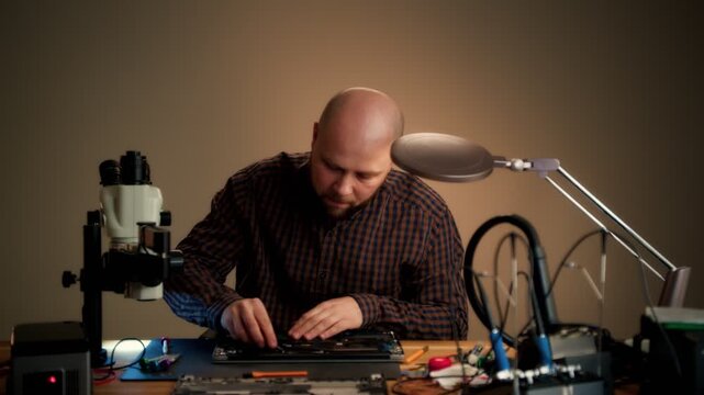 Laptop repair technician inspecting open laptop on workbench