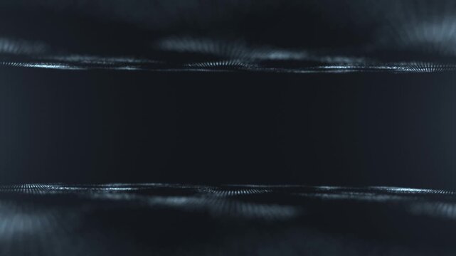Abstract futuristic technology background featuring luminous particle wave surfaces framing a dark central copy space, creating an elegant digital landscape with depth, data flow
