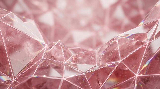 Abstract geometric faceted crystal surface soft pink light refraction