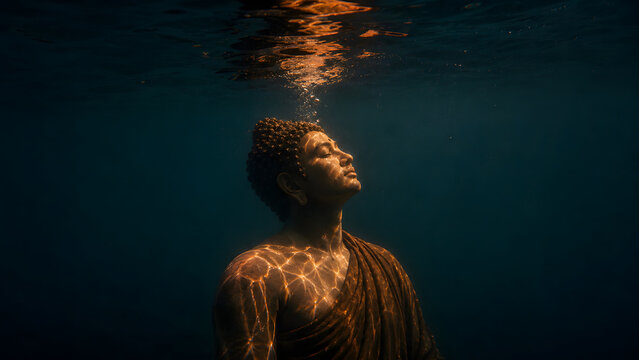 Golden buddha statue submerged deep within dark blue ocean water showing serene facial expression illuminated by natural sparkling surface light