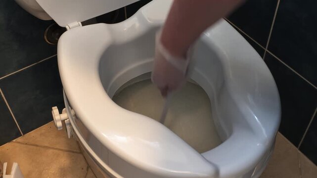 High angle view of a person wearing a protective glove using a brush to clean and sanitize a raised toilet seat for elderly or disabled people