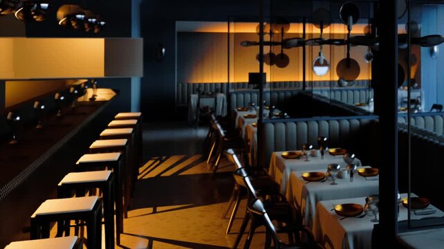 A modern restaurant with empty tables and chairs. The interior has dark colors and warm lighting. Evening light creates shadows across the floor, indicating a quiet moment.
