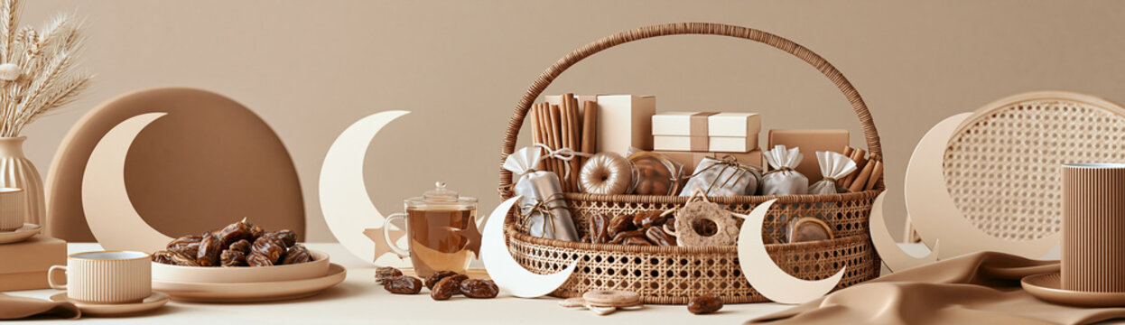 Premium Eid al Fitr gift basket on an elegant table. Wide banner of Ramadan hamper with dates, tea, and crescent moon decorations. Minimalist Islamic holiday celebration concept