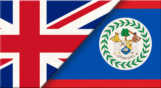Double flag of United Kingdom and Belize on fabric texture - 3D illustration.
