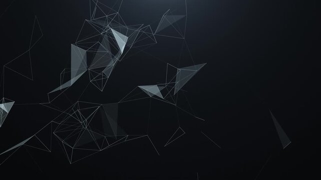 Abstract polygonal network of connected lines and geometric floating on a dark background, creating a futuristic technology visualization with digital connectivity and minimalist design.