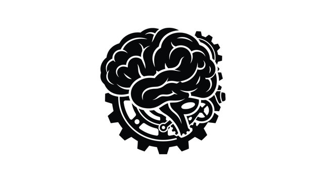 Black and white illustration of a human brain integrated with mechanical gears representing artificial intelligence and thinking