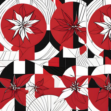 Abstract geometric seamless pattern with fragmented red black and white poinsettias in modern graphic style