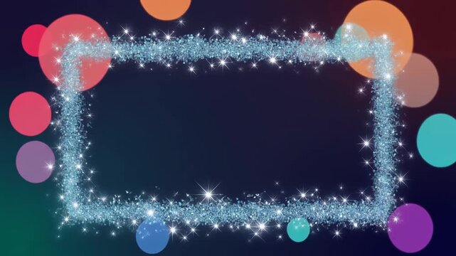 アイスブルーのグリッターが四辺で瞬くネイビー背景の装飾フレームと多色の玉ボケ