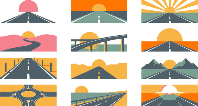 Minimalist highway road landscape icons, set of 12 flat vector illustrations, sunset highway travel scenes for web design