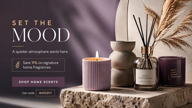 Premium Home Fragrance Website Banner Featuring Designer Candles and Elegant Interior Styling