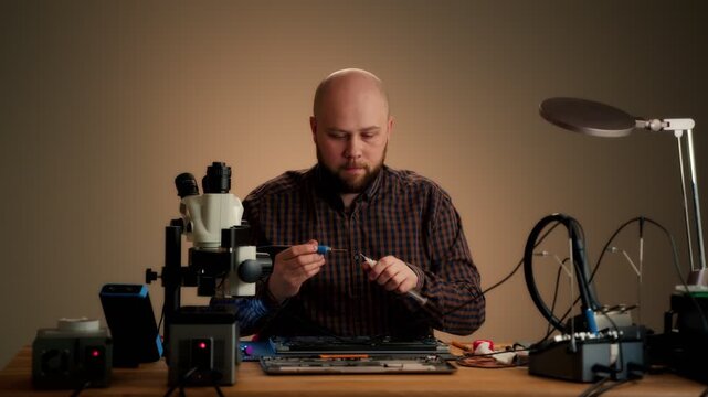 Technician repairing laptop at electronics workbench