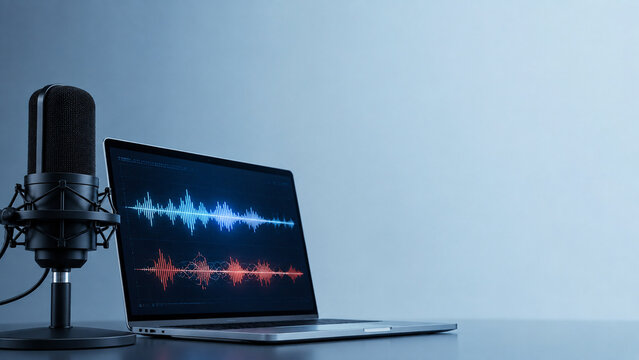 Microphone laptop audio waveform sound recording voice technology digital studio blue background modern creative workspace