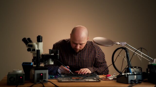 Technician repairing laptop motherboard at workbench