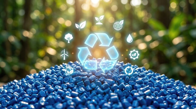Recycled Blue Plastic Pellets with Environmental Icons for Sustainability