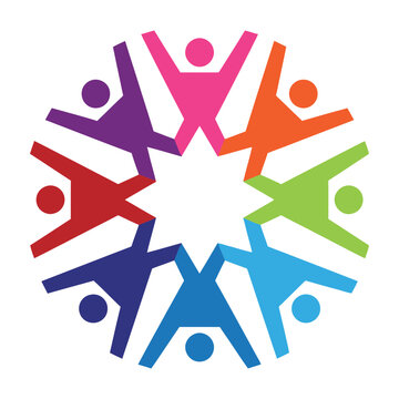 Diverse people in colorful team unity pose with raised arms in a circle together
