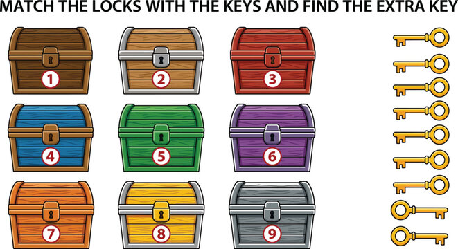 Children educational matching game worksheet vector illustration with colorful treasure chests and keys to find the extra key puzzle activity page