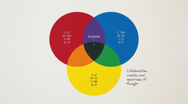 Minimalist composition of three overlapping circles featuring colorful intersection segments and creative fusion text in a widescr