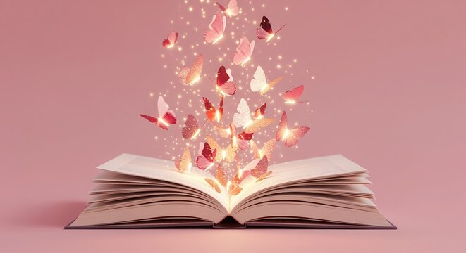 An open book glows brightly, releasing colorful butterflies and magical light particles against a pink background. Perfect for storytelling, education, and creative projects celebrating reading.
