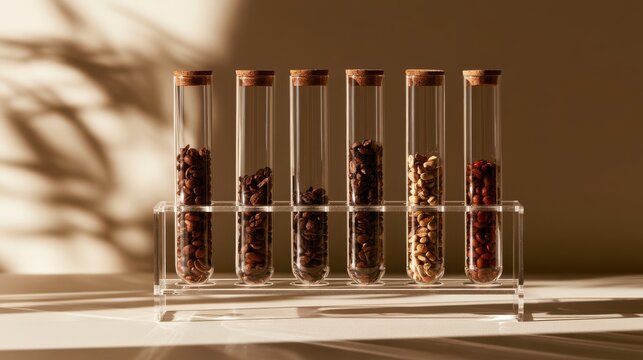 Elegant display of six glass test tubes filled with colorful grains, arranged on a minimalist surface, showcasing natural textures and warm lighting