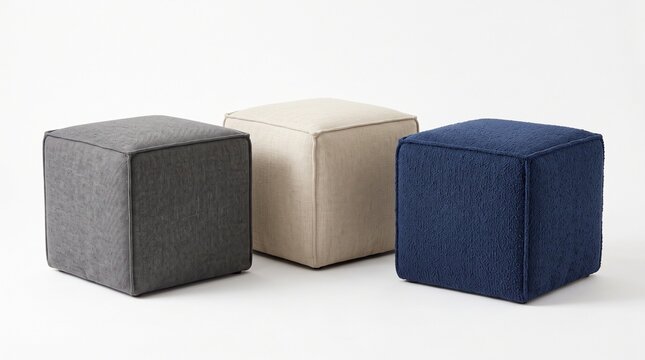 Three square fabric ottoman poufs in grey beige and navy blue isolated on white background