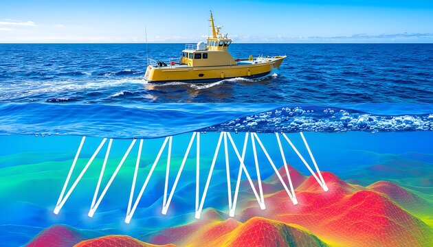 Yellow Hydrographic Survey Vessel Scanning Ocean Floor with Multibeam Sonar Technology