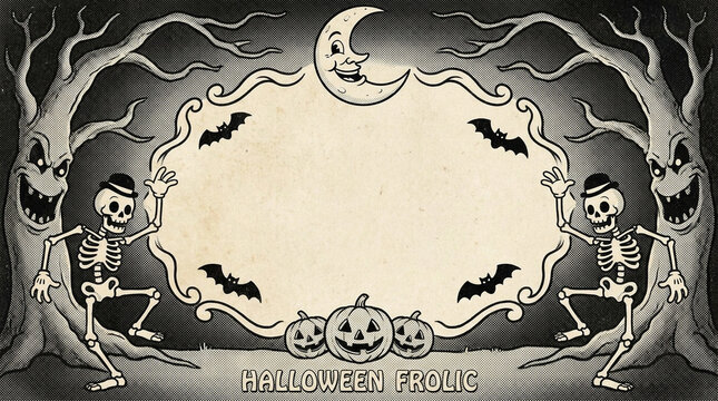 Vintage Halloween frame with dancing skeletons, spooky trees, bats, pumpkins, and a smiling crescent moon in a classic black and white style.