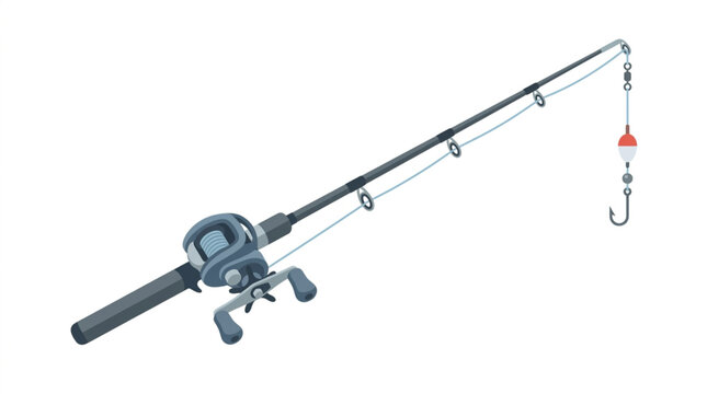 Fishing rod with reel and hook on white background.