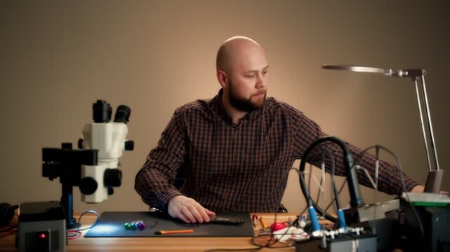 Electronics technician inspecting components at workbench