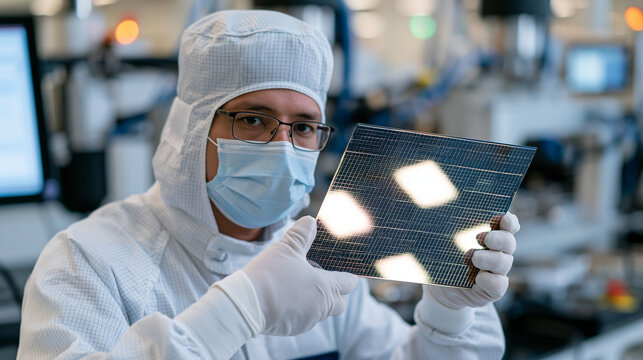 Semiconductor fabrication technician in a pristine white cleanroom suit examining a silicon wafer held carefully with gloved hands, protective hood and mask obscuring the face, bright inspection lam
