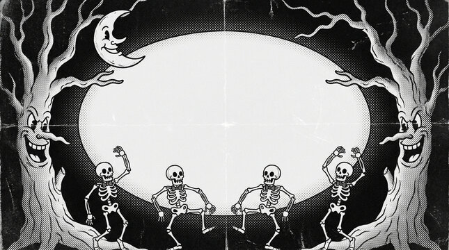 Vintage cartoon scene with four dancing skeletons, anthropomorphic trees, and a smiling moon, set against a dark background with a central oval frame.