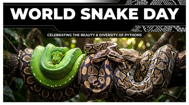 World Snake Day banner with coiled pythons on tree branch celebrating reptiles