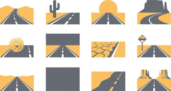 Desert road vector icons set, minimalist highway landscape illustrations, arid route journey symbols for travel and logistics design
