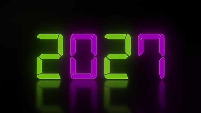 Video animation of an LED display in green and magenta with the continuous years 2020 to 2027 on a reflective floor - represents the new year 2027 - vacation concept.
