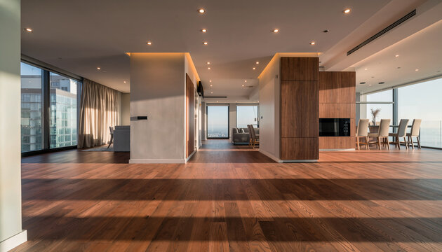 Modern luxury penthouse interior featuring wooden floors and city view