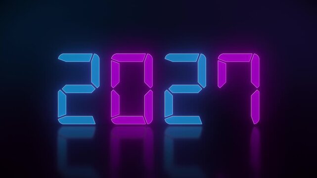 Video animation of an LED display in blue and magenta with the continuous years 2020 to 2027 on a reflective floor - represents the new year 2027 - vacation concept.