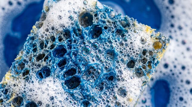 Blue soap bubbles on white porous sponge macro.