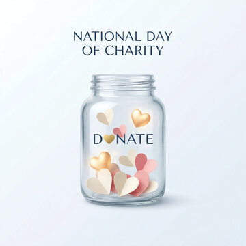National Day of Charity concept with glass donation jar and paper hearts