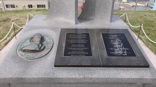 Wakkanai, Hokkaido, Japan - 19 August 2026: View of the La Perouse monument at Cape Soya, featuring a bronze relief and commemorative plaques on a granite base.