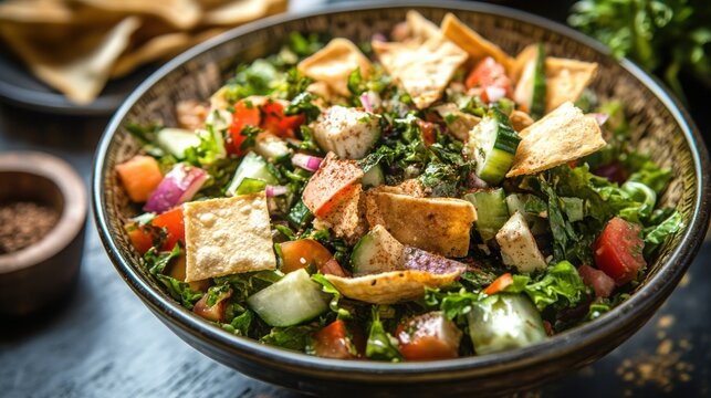 Fattoush salad mixed with crispy pita chips, tomatoes, cucumbers, and onions is served in a dark ceramic bowl on a rustic table.