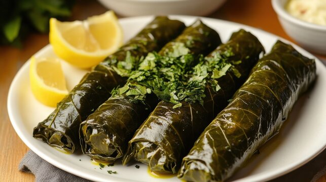 Stuffed grape leaves arranged on a white plate are topped with chopped fresh herbs and served with lemon slices.