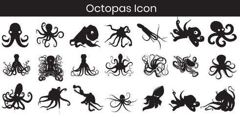 Fototapeta premium Octopus Silhouette Icon Set, Black Vector Sea Creature Illustrations