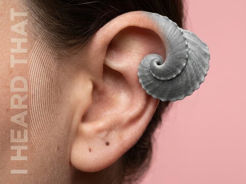 Hearing concept with ear and shell on pink background for awareness campaign