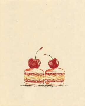 Vintage-style whimsical illustration of two French macarons filled with cream and topped with fresh red cherries on a textured cream paper background.