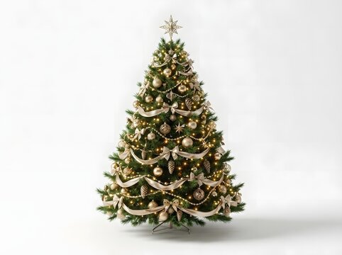 A beautifully decorated Christmas tree featuring elegant gold ornaments, shimmering lights, and silk ribbons, standing gracefully against a clean and minimalist solid white studio background.