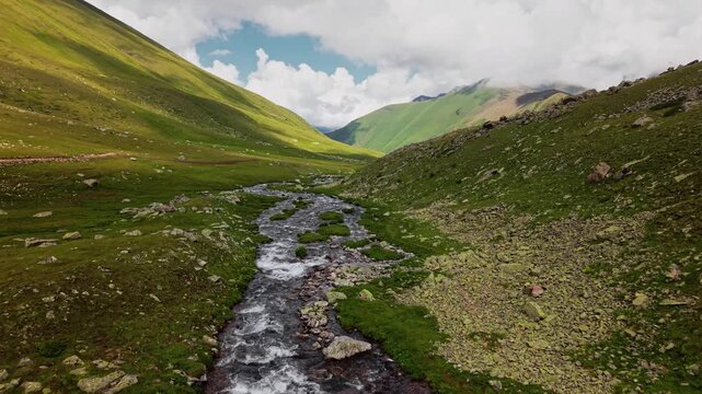 Mountain stream flowing through a green valley